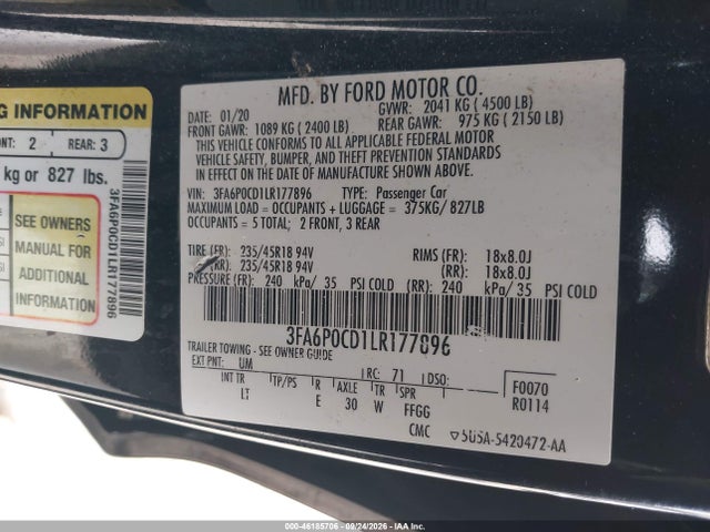 Ford FUSION SEL 2020 3FA6P0CD1LR177896 Image 9