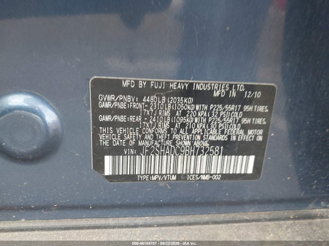 2011 Subaru Forester 2.5x Premium მანქანა იყიდება აუქციონზე, vin: JF2SHADC9BH732581, აუქციონის ნომერი: 46185707