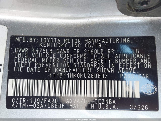 Aukcja sprzedaży 2019 Toyota Camry Le, vin: 4T1B11HK0KU280687, numer aukcji: 46185714