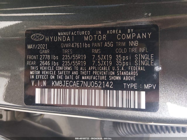 Aukcja sprzedaży 2022 Hyundai Tucson Limited, vin: KM8JECAE7NU052142, numer aukcji: 46185722