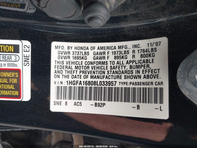 2008 Honda Civic Ex მანქანა იყიდება აუქციონზე, vin: 1HGFA16808L033957, აუქციონის ნომერი: 46185723