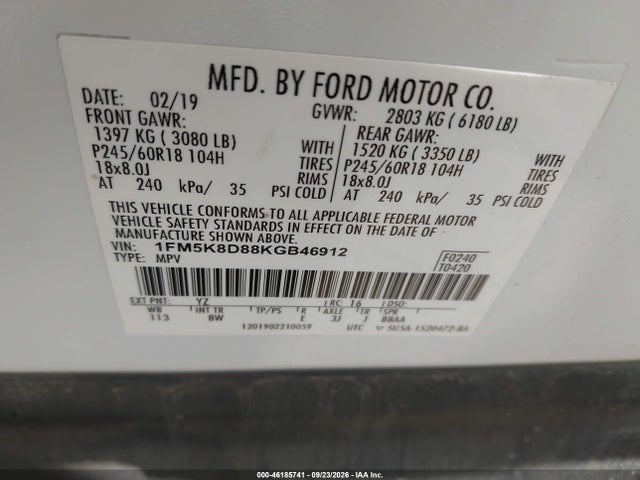 2019 Ford Explorer Xlt მანქანა იყიდება აუქციონზე, vin: 1FM5K8D88KGB46912, აუქციონის ნომერი: 46185741