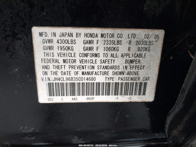 Aukcja sprzedaży 2005 Acura Tsx, vin: JH4CL96835C014680, numer aukcji: 46185743