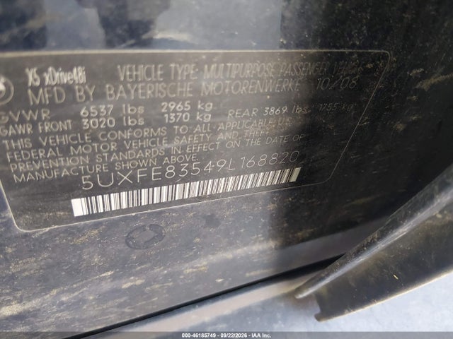 2009 Bmw X5 Xdrive48i მანქანა იყიდება აუქციონზე, vin: 5UXFE83549L168820, აუქციონის ნომერი: 46185749