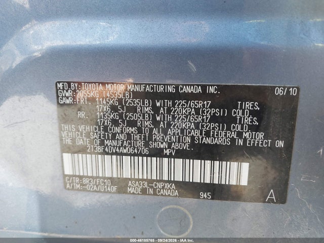 2010 Toyota Rav4 მანქანა იყიდება აუქციონზე, vin: 2T3BF4DV4AW064706, აუქციონის ნომერი: 46185765