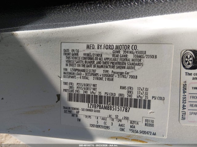 Продажа на аукционе авто 2011 Ford Mustang V6, vin: 1ZVBP8AM8B5151787, номер лота: 46185770