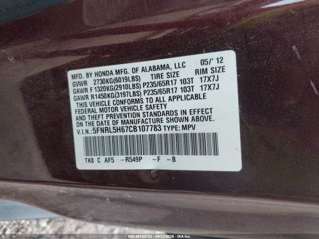 Продаж на аукціоні авто 2012 Honda Odyssey Ex-l, vin: 5FNRL5H67CB107783, номер лоту: 46185783