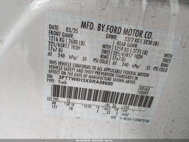 Продажа на аукционе авто 2025 Ford Maverick Xlt, vin: 3FTTW8H3XSRA58600, номер лота: 46185785