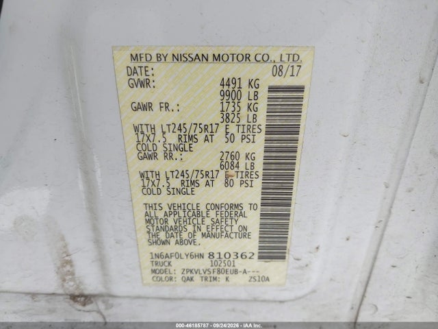 2017 Nissan Nv Cargo Nv3500 Hd Sl V8 მანქანა იყიდება აუქციონზე, vin: 1N6AF0LY6HN810362, აუქციონის ნომერი: 46185787