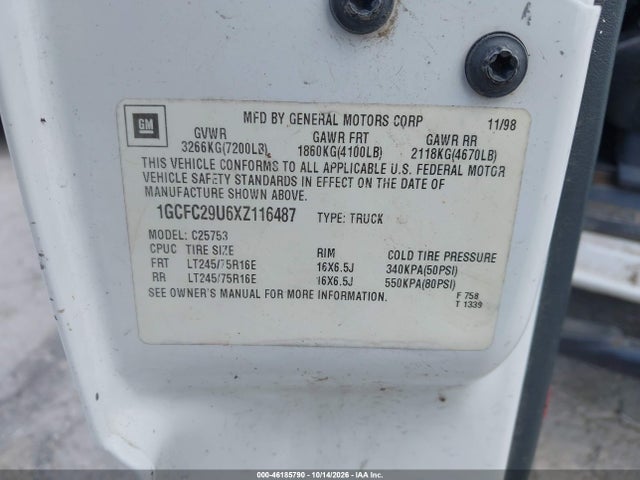 Aukcja sprzedaży 1999 Chevrolet Silverado 2500 Ls, vin: 1GCFC29U6XZ116487, numer aukcji: 46185790