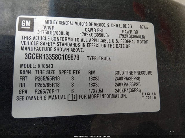 Aukcja sprzedaży 2008 Chevrolet Silverado 1500 Ltz, vin: 3GCEK13358G109878, numer aukcji: 46185801