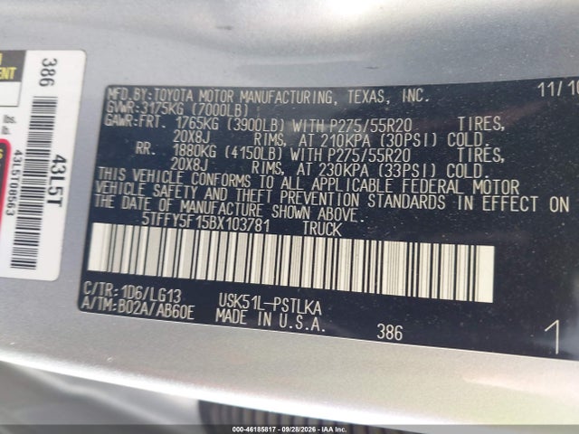 Aukcja sprzedaży 2011 Toyota Tundra Limited 5.7l V8, vin: 5TFFY5F15BX103781, numer aukcji: 46185817