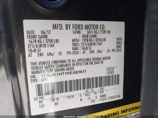 Продажа на аукционе авто 2017 Ford Expedition El Xlt, vin: 1FMJK1HT1HEA83631, номер лота: 46185818
