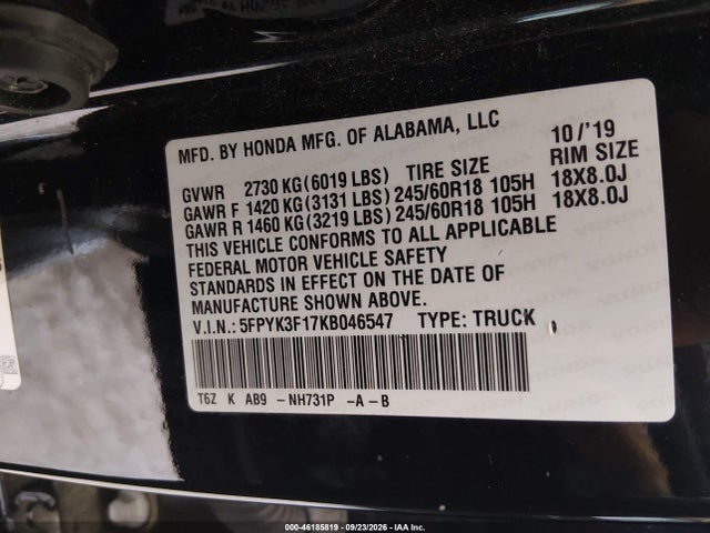Продаж на аукціоні авто 2019 Honda Ridgeline Sport, vin: 5FPYK3F17KB046547, номер лоту: 46185819
