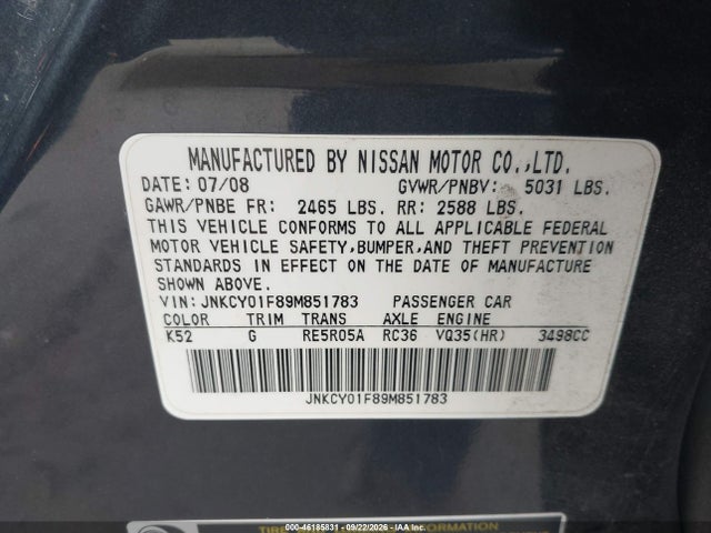 46185831 :رقم المزاد ، JNKCY01F89M851783 vin ، 2009 Infiniti M35x مزاد بيع