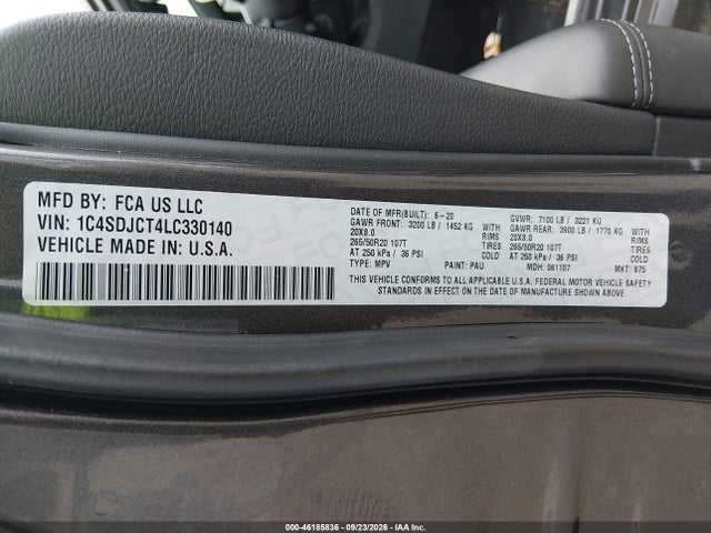 2020 Dodge Durango R/t Awd მანქანა იყიდება აუქციონზე, vin: 1C4SDJCT4LC330140, აუქციონის ნომერი: 46185836