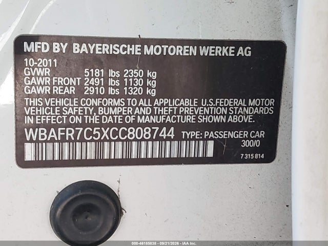 2012 Bmw 535i მანქანა იყიდება აუქციონზე, vin: WBAFR7C5XCC808744, აუქციონის ნომერი: 46185838