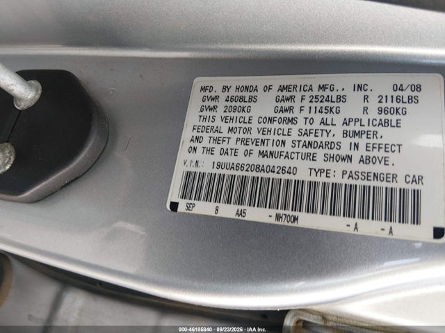 Aukcja sprzedaży 2008 Acura Tl 3.2, vin: 19UUA66208A042640, numer aukcji: 46185840