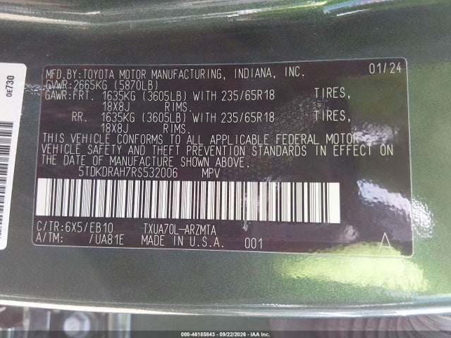 Aukcja sprzedaży 2024 Toyota Highlander Xle, vin: 5TDKDRAH7RS532006, numer aukcji: 46185843