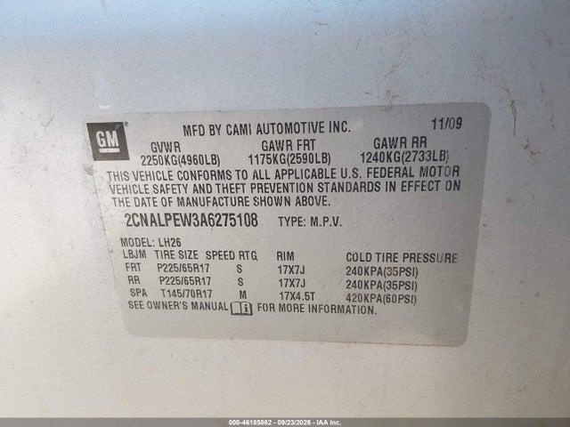 46185862 :رقم المزاد ، 2CNALPEW3A6275108 vin ، 2010 Chevrolet Equinox Lt مزاد بيع