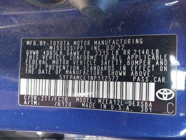 5YFP4MCE1NP112577 Toyota COROLLA SE