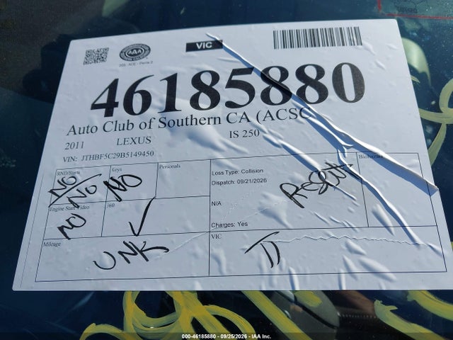 Продаж на аукціоні авто 2011 Lexus Is 250, vin: JTHBF5C29B5149450, номер лоту: 46185880