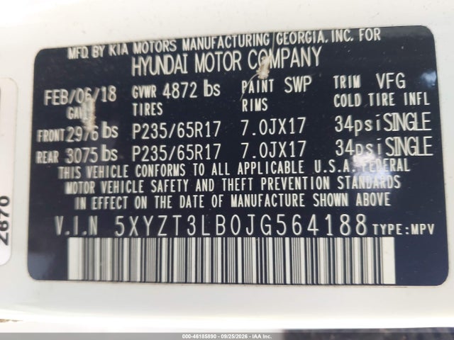 2018 Hyundai Santa Fe Sport 2.4l მანქანა იყიდება აუქციონზე, vin: 5XYZT3LB0JG564188, აუქციონის ნომერი: 46185890