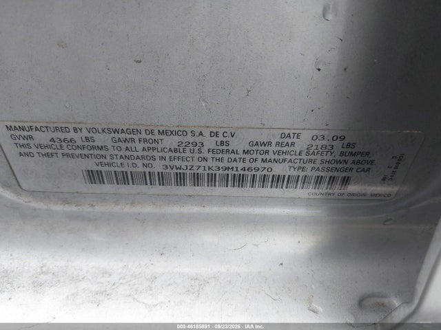 2009 Volkswagen Jetta S მანქანა იყიდება აუქციონზე, vin: 3VWJZ71K39M146970, აუქციონის ნომერი: 46185891