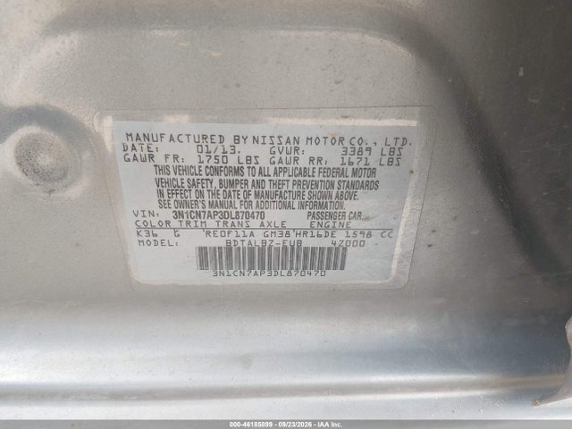Auction sale of the 2013 Nissan Versa 1.6 Sv, vin: 3N1CN7AP3DL870470, lot number: 46185899