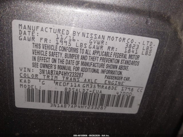 2017 Nissan Sentra Sv მანქანა იყიდება აუქციონზე, vin: 3N1AB7AP4HY233287, აუქციონის ნომერი: 46185906