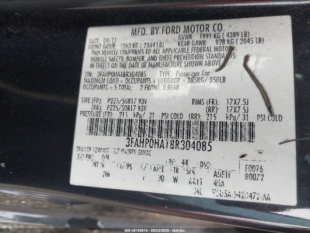 Продаж на аукціоні авто 2011 Ford Fusion Se, vin: 3FAHP0HA1BR304085, номер лоту: 46185910