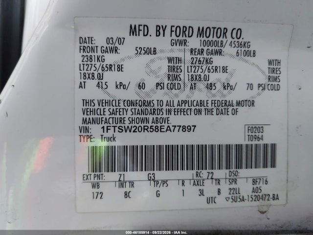 Продаж на аукціоні авто 2008 Ford F-250 King Ranch/lariat/xl/xlt, vin: 1FTSW20R58EA77897, номер лоту: 46185914