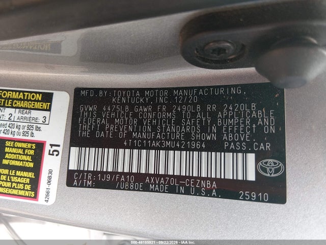 Продаж на аукціоні авто 2021 Toyota Camry Le, vin: 4T1C11AK3MU421964, номер лоту: 46185921