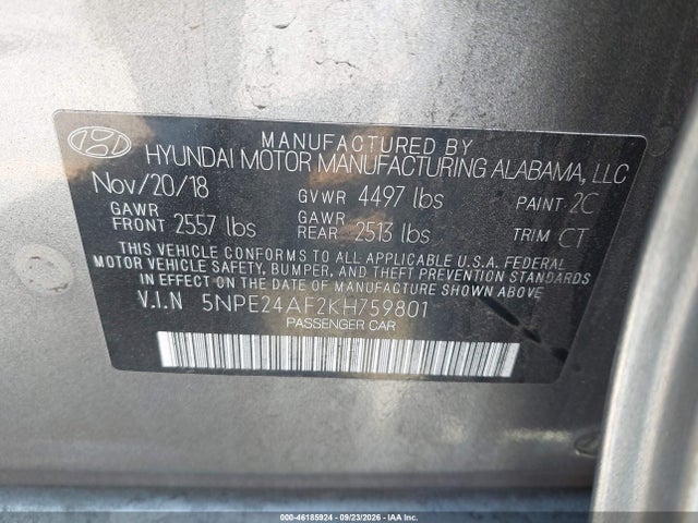 46185924 :رقم المزاد ، 5NPE24AF2KH759801 vin ، 2019 Hyundai Sonata Se مزاد بيع