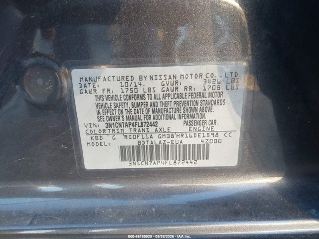 46185928 :رقم المزاد ، 3N1CN7AP4FL872442 vin ، 2015 Nissan Versa 1.6 S+ مزاد بيع