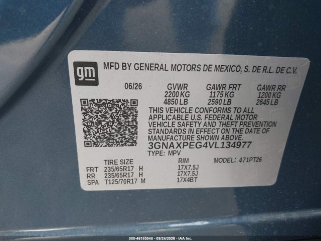 Продаж на аукціоні авто 2027 Chevrolet Equinox, vin: 3GNAXPEG4VL134977, номер лоту: 46185948