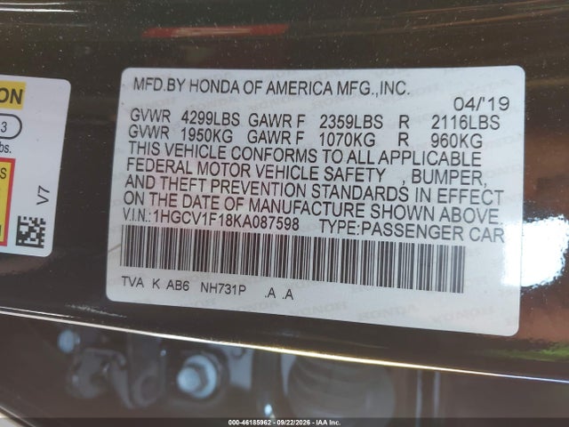 1HGCV1F18KA087598 Honda ACCORD LX