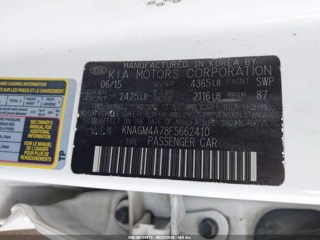 46185973 :رقم المزاد ، KNAGM4A78F5662410 vin ، 2015 Kia Optima Lx مزاد بيع