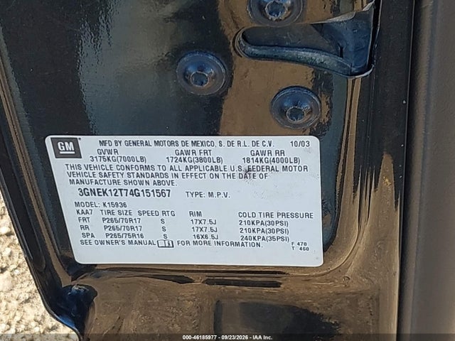 46185977 :رقم المزاد ، 3GNEK12T74G151567 vin ، 2004 Chevrolet Avalanche 1500 مزاد بيع