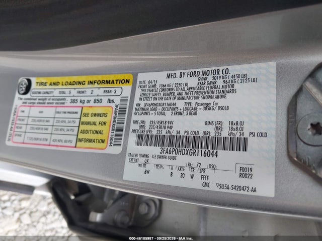Продаж на аукціоні авто 2016 Ford Fusion Se, vin: 3FA6P0HDXGR116044, номер лоту: 46185987