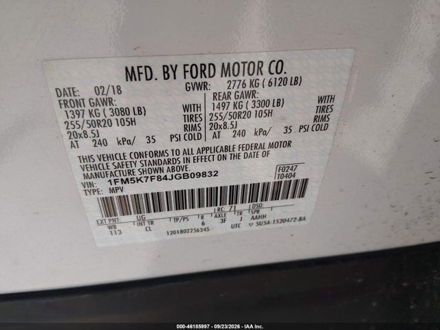 2018 Ford Explorer Limited მანქანა იყიდება აუქციონზე, vin: 1FM5K7F84JGB09832, აუქციონის ნომერი: 46185997