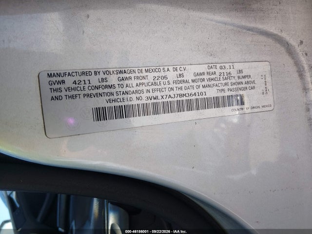 46186001 :رقم المزاد ، 3VWLX7AJ7BM364101 vin ، 2011 Volkswagen Jetta 2.5l Sel مزاد بيع