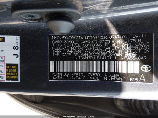 Aukcja sprzedaży 2011 Toyota Prius Two, vin: JTDKN3DU1B1419111, numer aukcji: 46186005