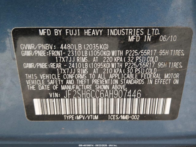 46186014 :رقم المزاد ، JF2SH6CC6AH907446 vin ، 2010 Subaru Forester 2.5x Premium مزاد بيع