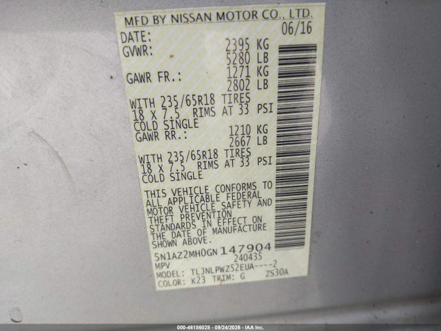 46186028 :رقم المزاد ، 5N1AZ2MH0GN147904 vin ، 2016 Nissan Murano Platinum/s/sl/sv مزاد بيع