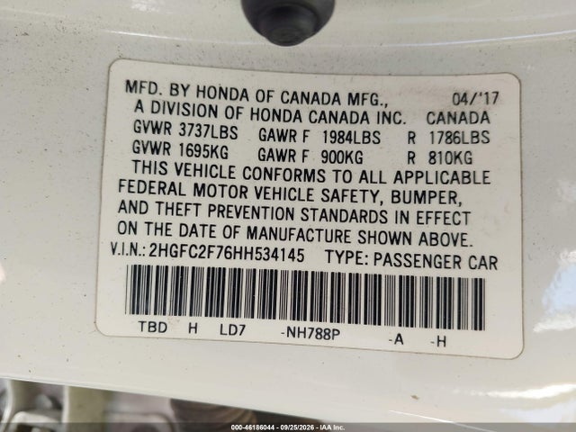 Продажа на аукционе авто 2017 Honda Civic Ex, vin: 2HGFC2F76HH534145, номер лота: 46186044