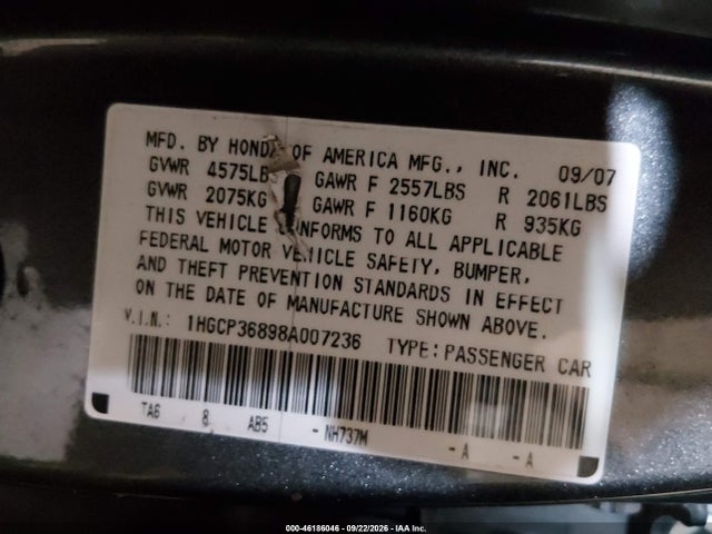 Продаж на аукціоні авто 2008 Honda Accord 3.5 Ex-l, vin: 1HGCP36898A007236, номер лоту: 46186046