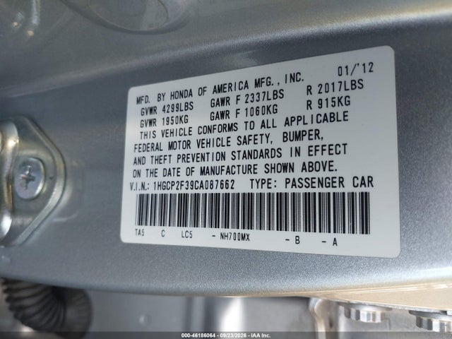 Продаж на аукціоні авто 2012 Honda Accord 2.4 Lx, vin: 1HGCP2F39CA087662, номер лоту: 46186064