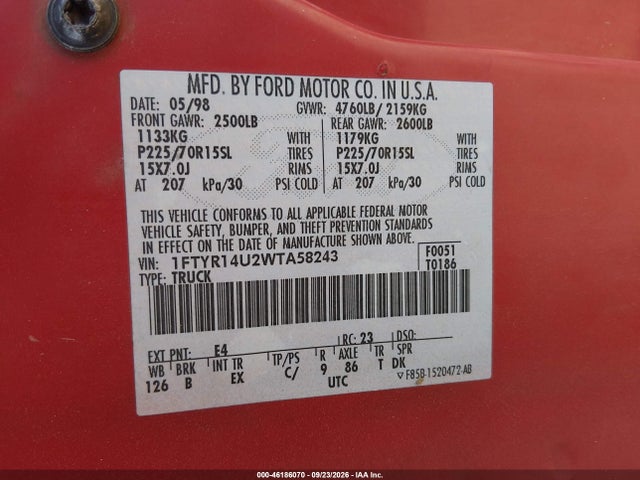 1998 Ford Ranger Splash/xl/xlt მანქანა იყიდება აუქციონზე, vin: 1FTYR14U2WTA58243, აუქციონის ნომერი: 46186070