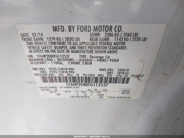 Продаж на аукціоні авто 2015 Ford Taurus Sel, vin: 1FAHP2E80FG112537, номер лоту: 46186071